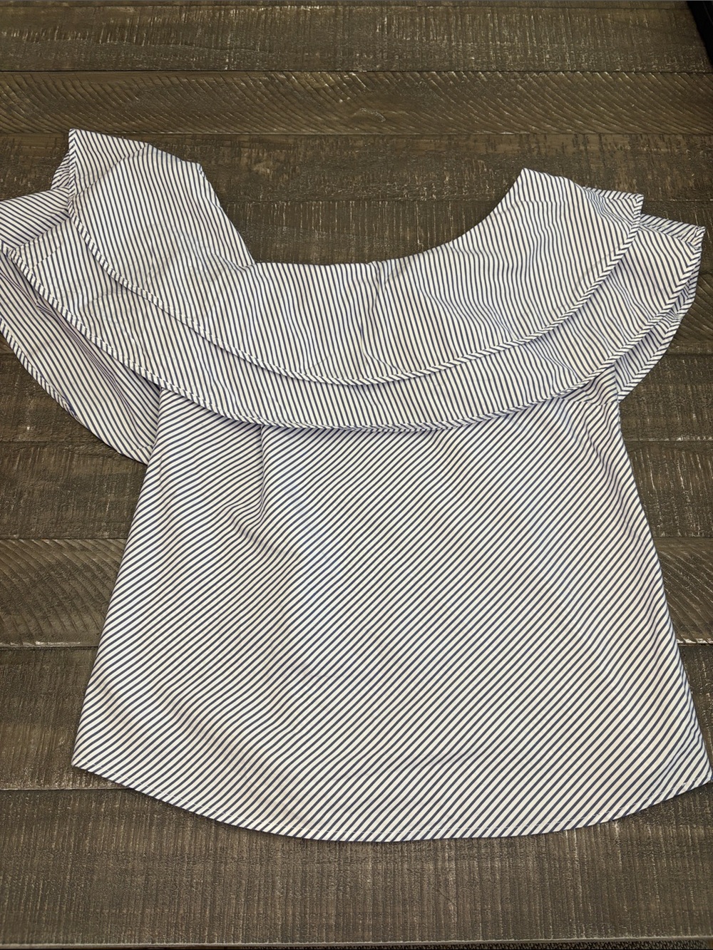 White House Black Market White and Navy Striped Off-Shoulder Ruffle Top
